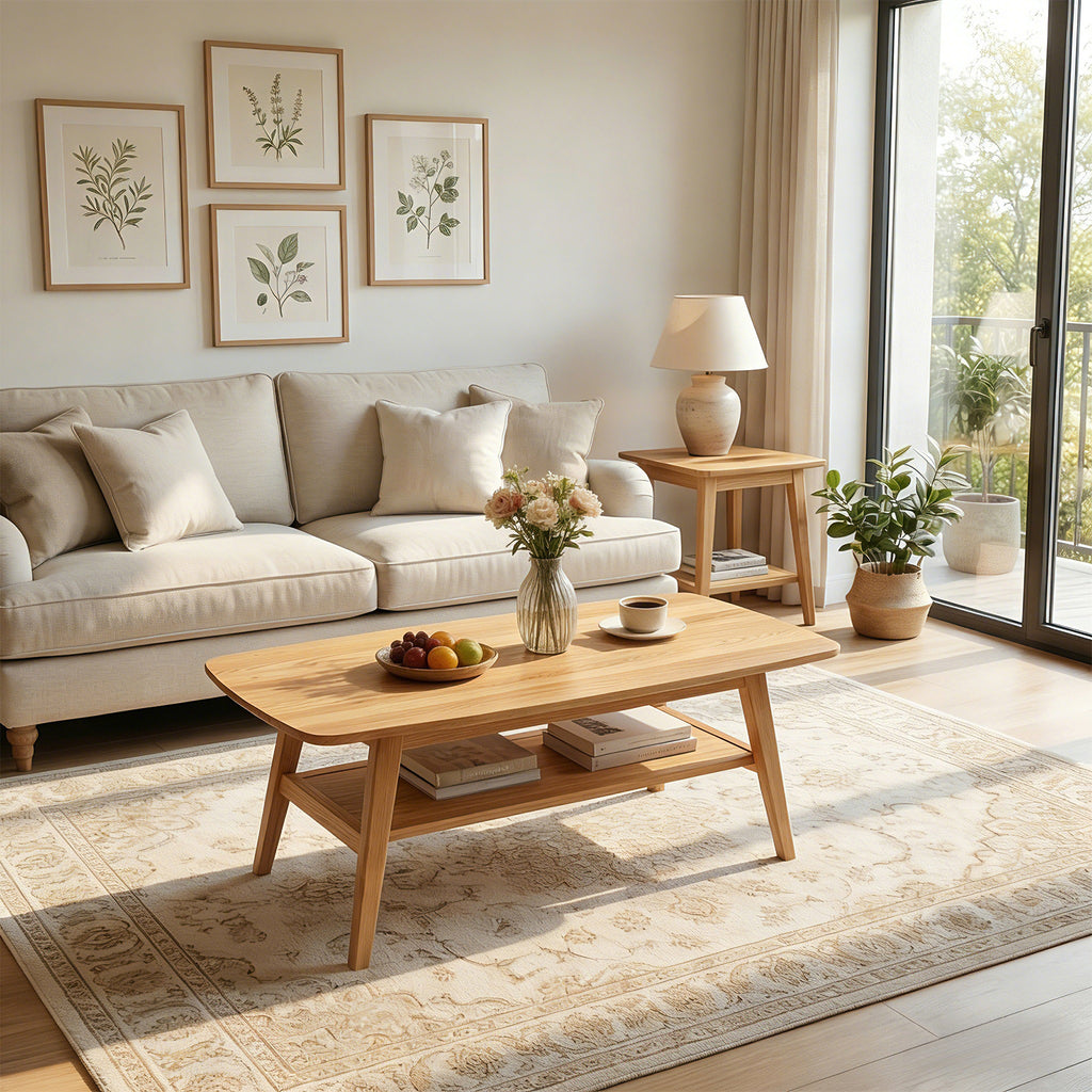 100% Solid Oak Wood 2-Tier Coffee Table with Storage & Round Corner
