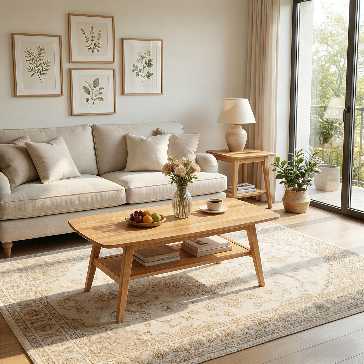 100% Solid Oak Wood 2-Tier Coffee Table with Storage & Round Corner