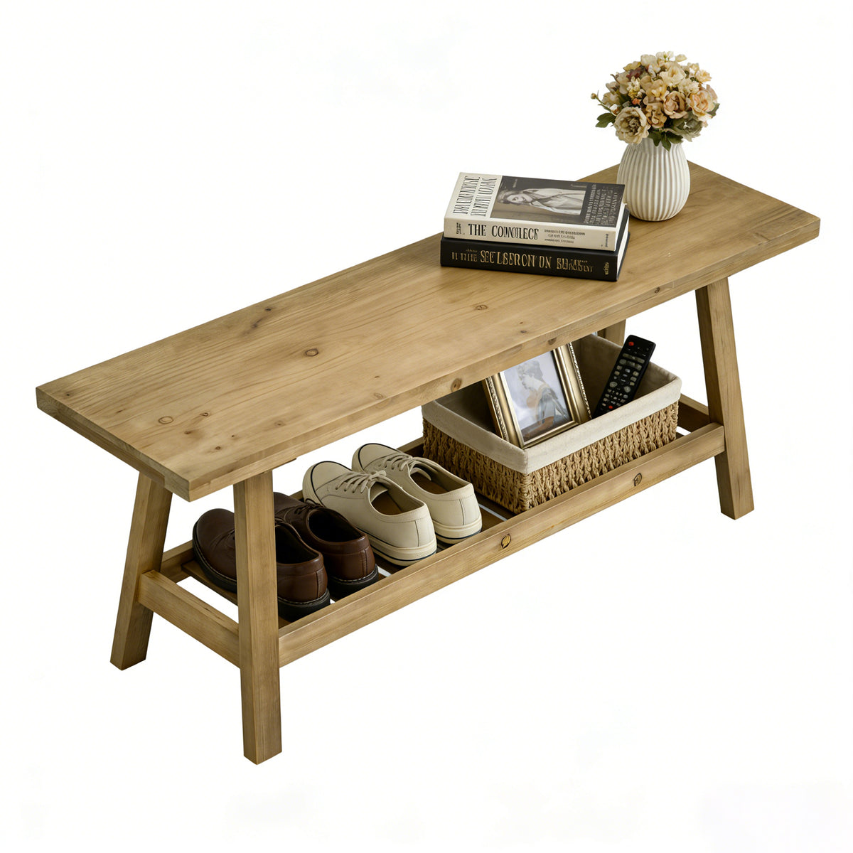 100% Solid Wood 2-Tier 43" Farmhouse Bench with Open Storage Shelf,Distressed Wood Color