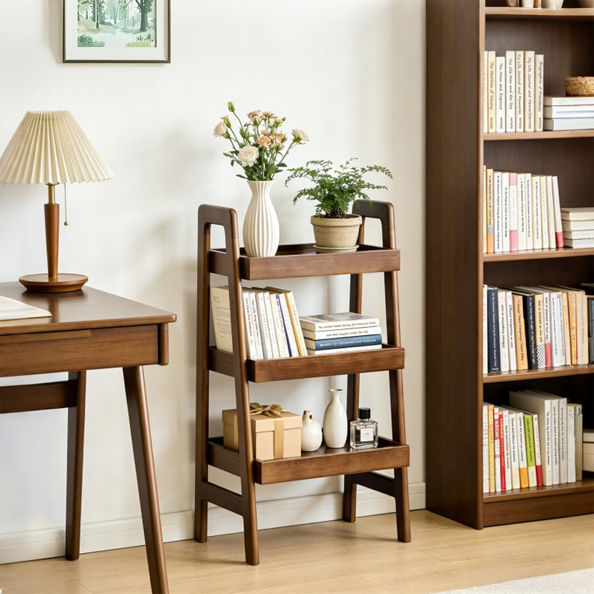 100% Solid Wood 3 Tier Ladder Bookshelf,Shelves with Open Storage,Walnut