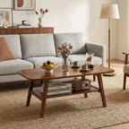 100% Solid Oak Wood 2-Tier Coffee Table with Storage & Round Corner