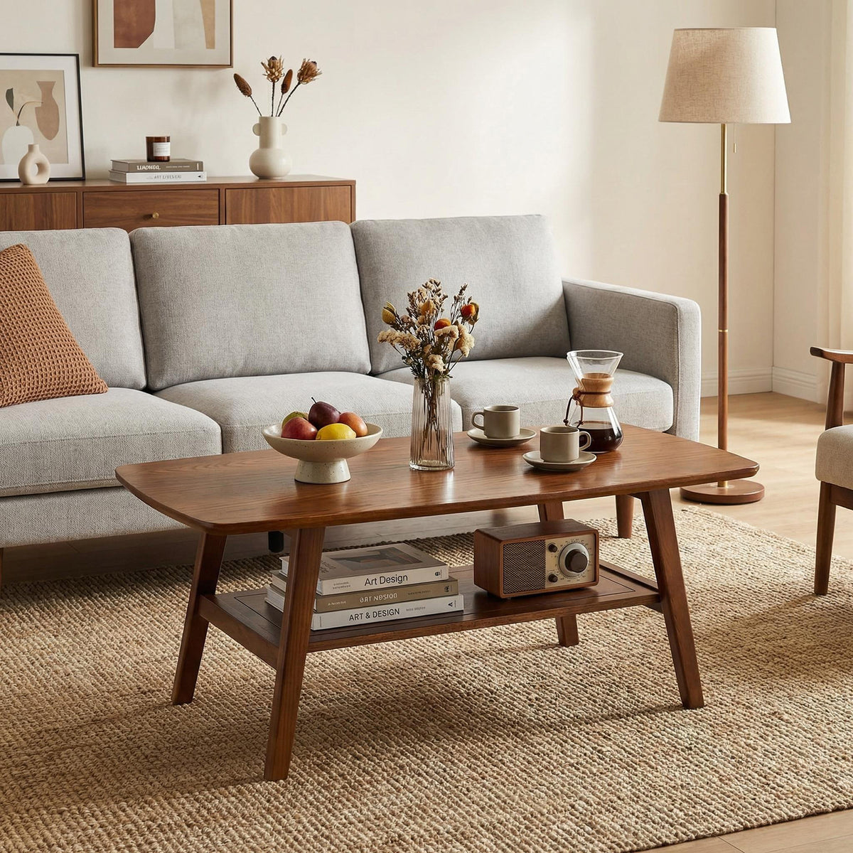 100% Solid Oak Wood 2-Tier Coffee Table with Storage & Round Corner
