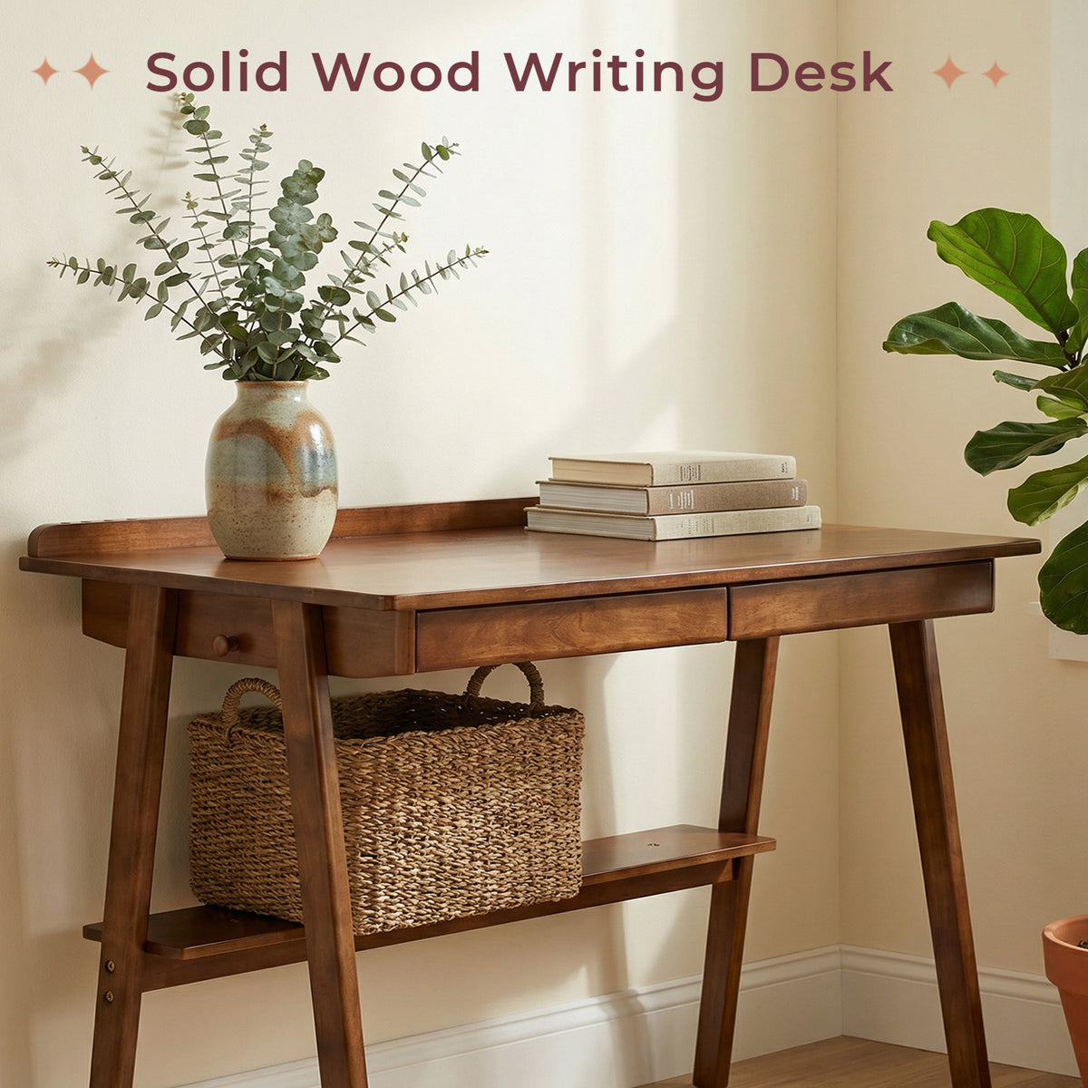 Solid Wood Writing Desk,Home Office Desk with 2 Drawers & Storage