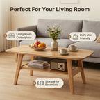 100% Solid Oak Wood 2-Tier Coffee Table with Storage & Round Corner