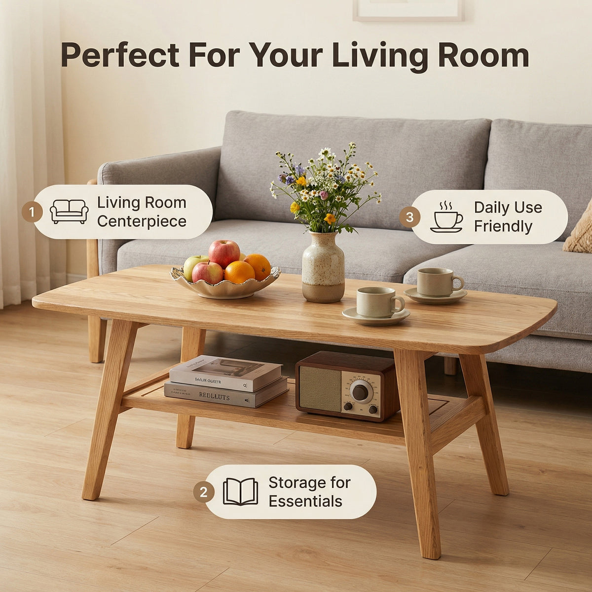 100% Solid Oak Wood 2-Tier Coffee Table with Storage & Round Corner