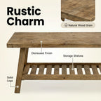 100% Solid Wood 2-Tier 43" Farmhouse Bench with Open Storage Shelf,Distressed Wood Color