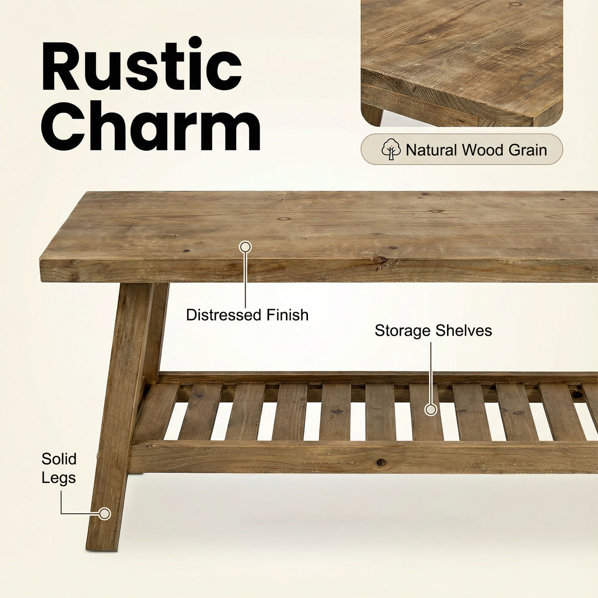 100% Solid Wood 2-Tier 43" Farmhouse Bench with Open Storage Shelf,Distressed Wood Color