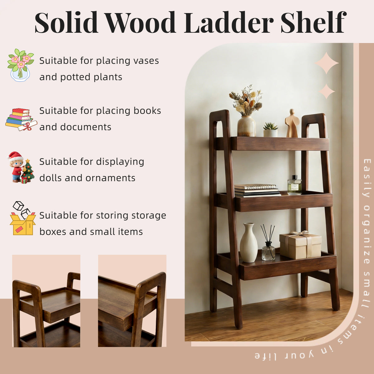100% Solid Wood 3 Tier Ladder Bookshelf,Shelves with Open Storage,Walnut