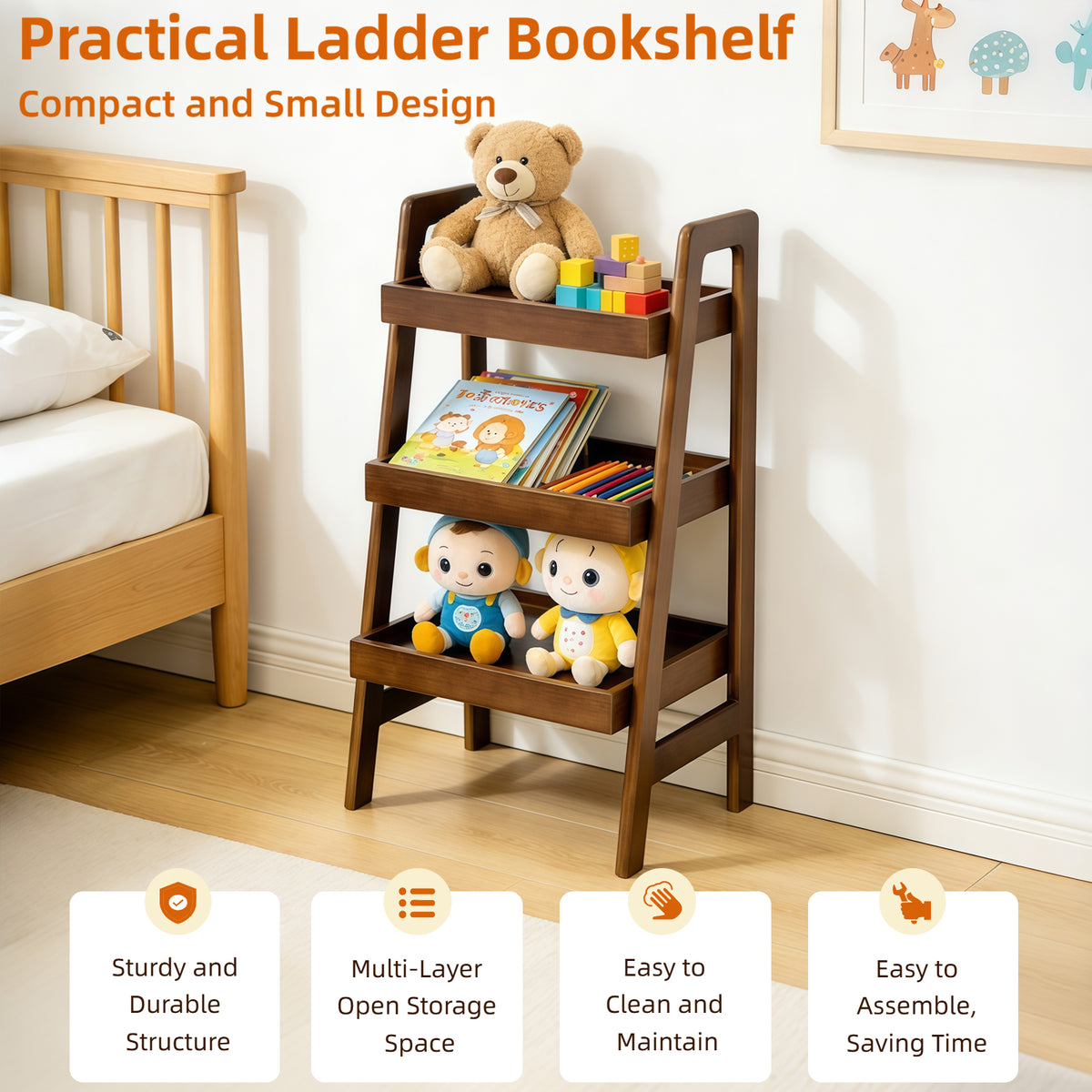 100% Solid Wood 3 Tier Ladder Bookshelf,Shelves with Open Storage,Walnut