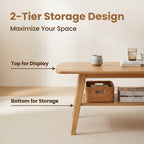 100% Solid Oak Wood 2-Tier Coffee Table with Storage & Round Corner