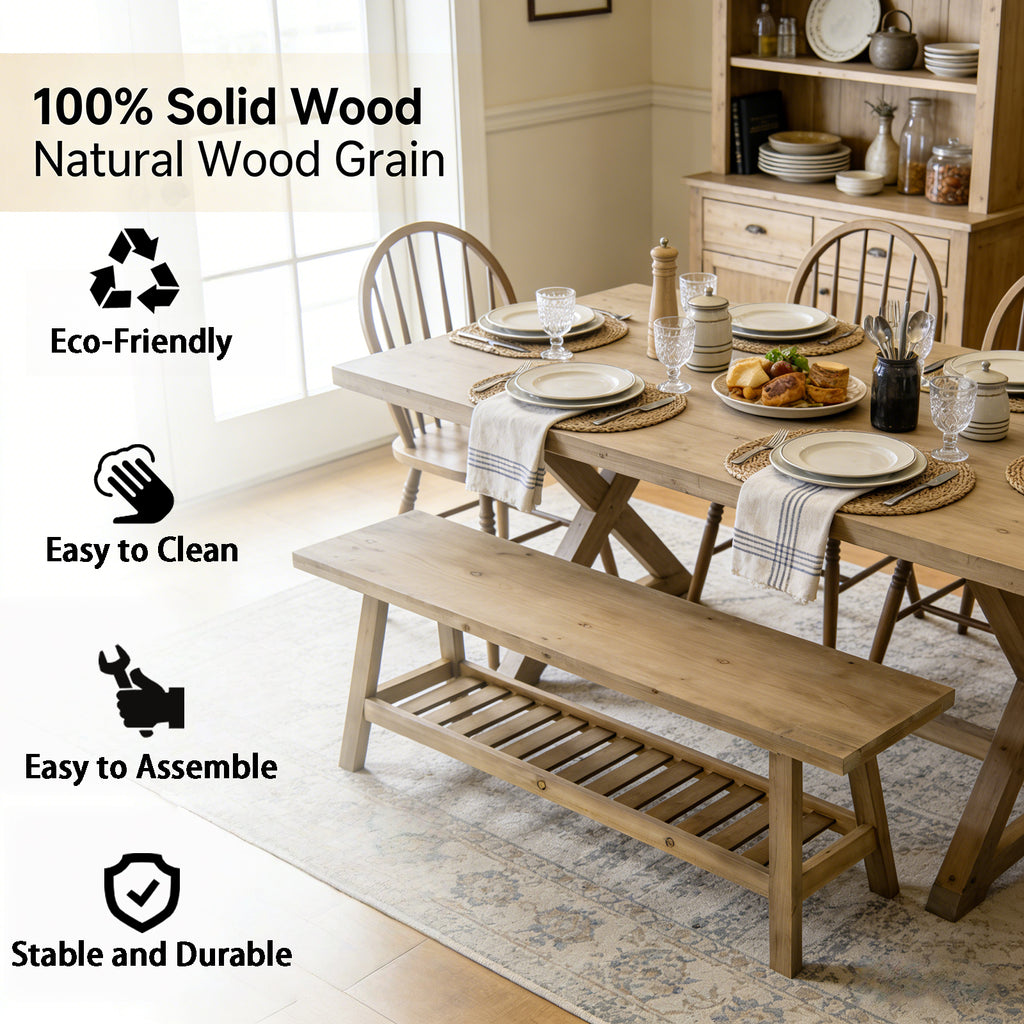 100% Solid Wood 2-Tier 43" Farmhouse Bench with Open Storage Shelf,Distressed Wood Color