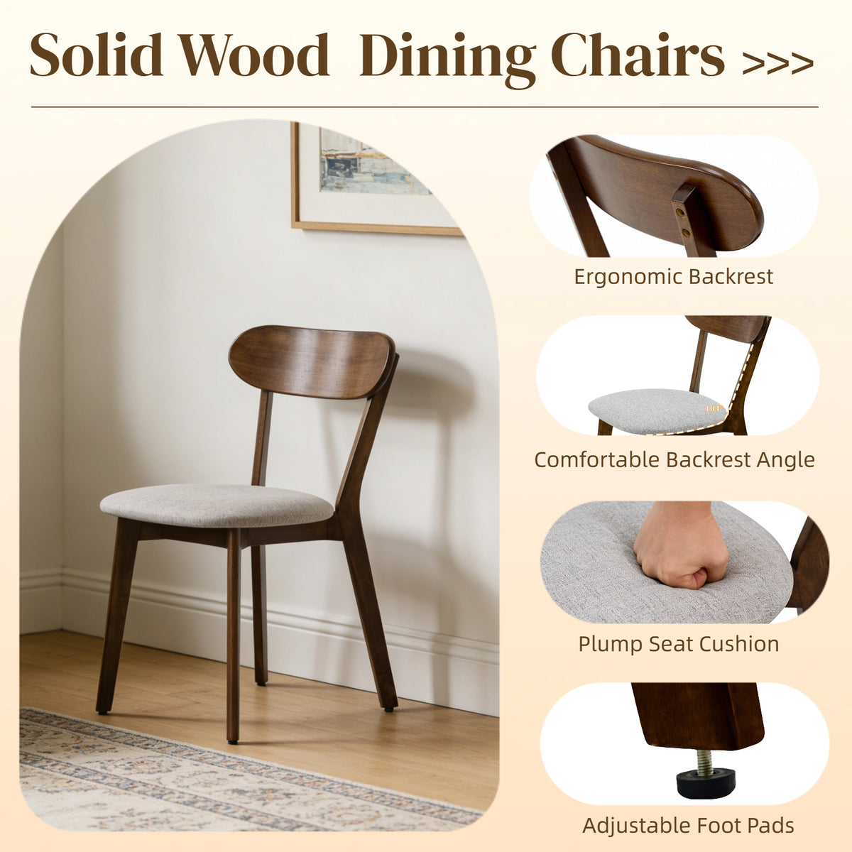 100% Solid Wood Dining Chairs with Curved Backrest Upholstered