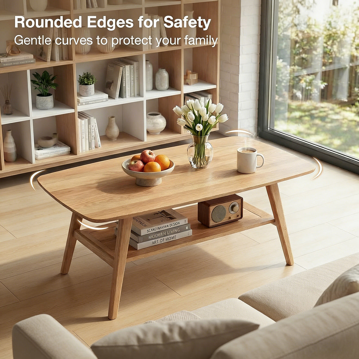 100% Solid Oak Wood 2-Tier Coffee Table with Storage & Round Corner