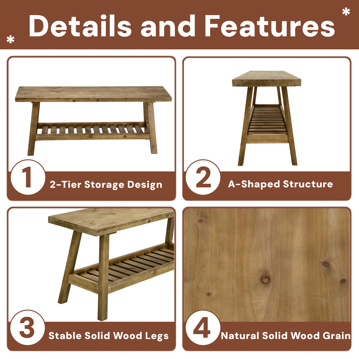 100% Solid Wood 2-Tier 43" Farmhouse Bench with Open Storage Shelf,Distressed Wood Color