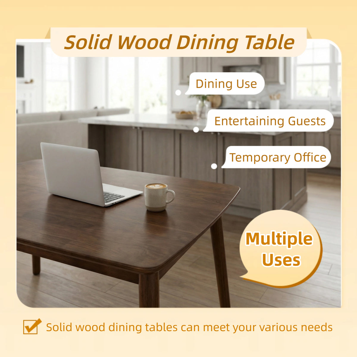 100% Solid Wood 47'' Rectangular Dining Table with Rounded Corners,Walnut