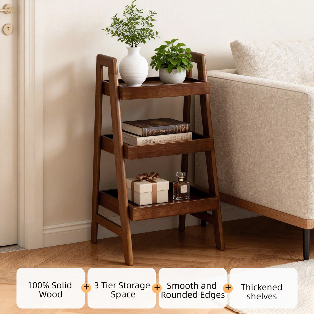 100% Solid Wood 3 Tier Ladder Bookshelf,Shelves with Open Storage,Walnut