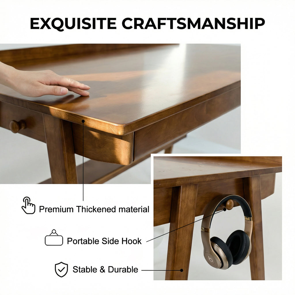 Solid Wood Writing Desk,Home Office Desk with 2 Drawers & Storage