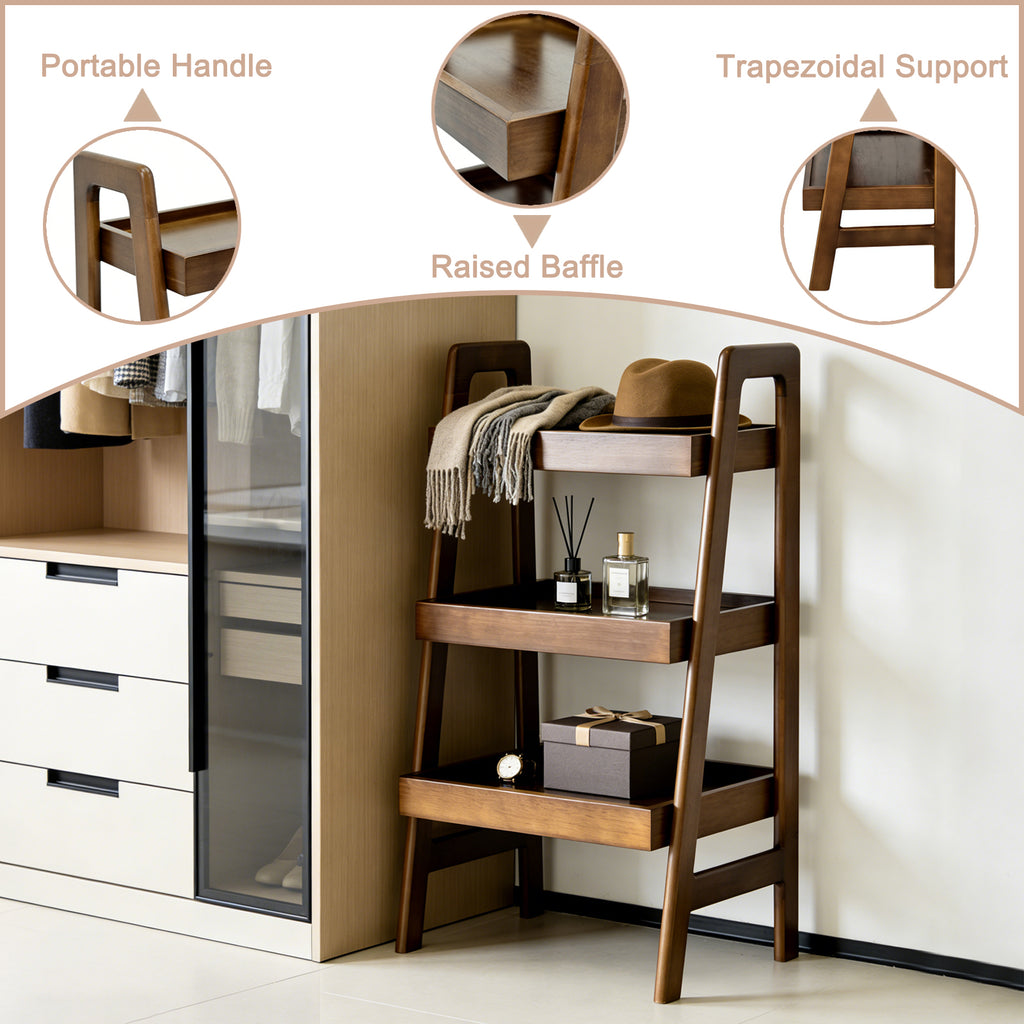 100% Solid Wood 3 Tier Ladder Bookshelf,Shelves with Open Storage,Walnut