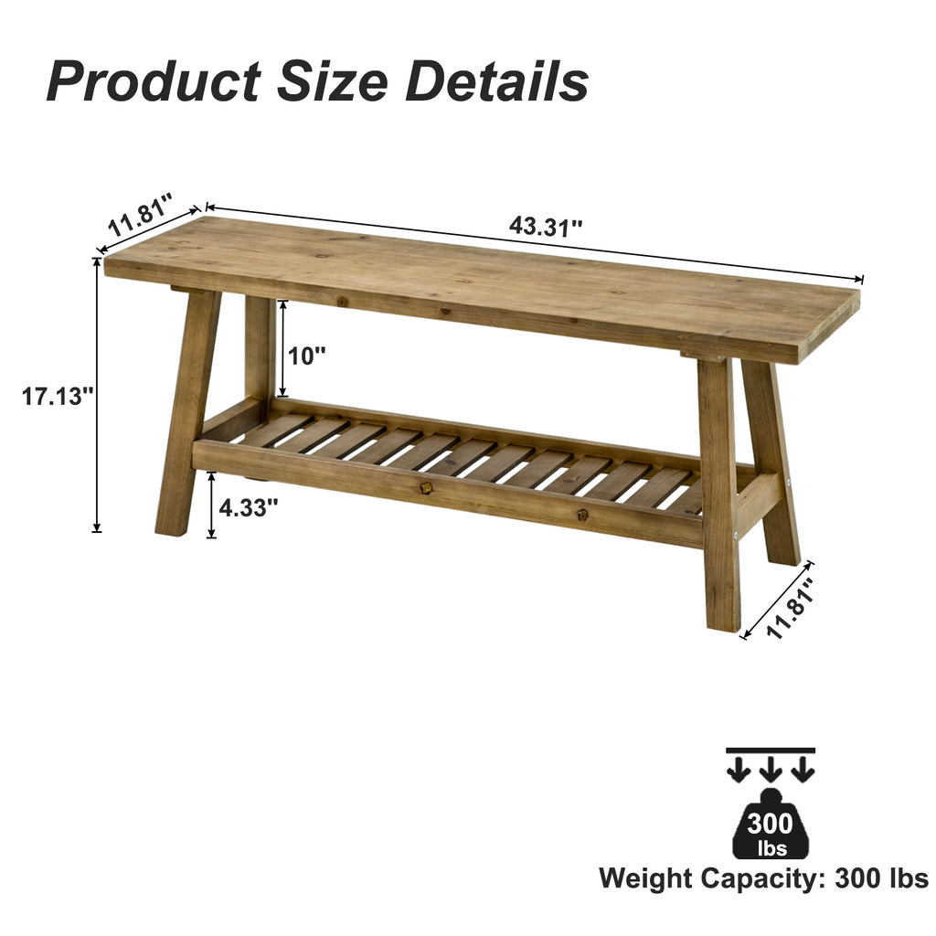 100% Solid Wood 2-Tier 43" Farmhouse Bench with Open Storage Shelf,Distressed Wood Color