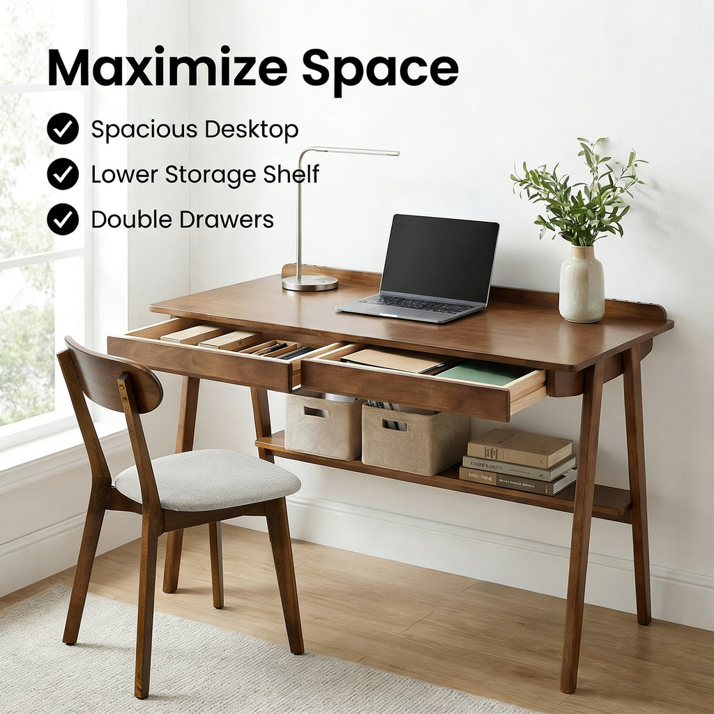 Solid Wood Writing Desk,Home Office Desk with 2 Drawers & Storage