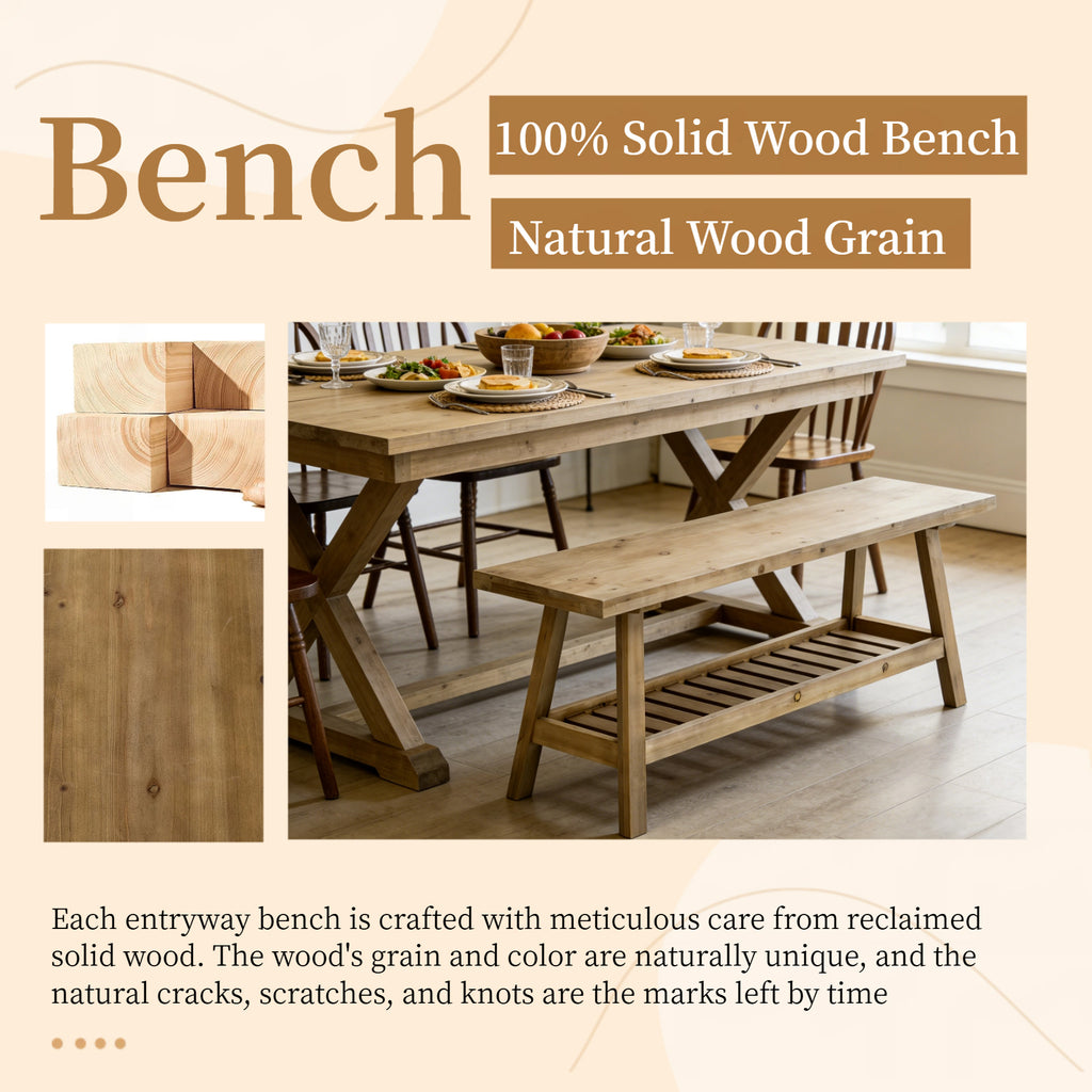 100% Solid Wood 2-Tier 43" Farmhouse Bench with Open Storage Shelf,Distressed Wood Color