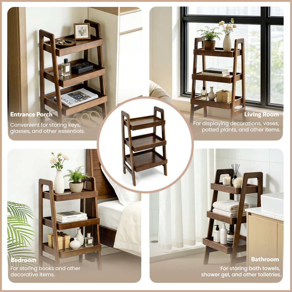 100% Solid Wood 3 Tier Ladder Bookshelf,Shelves with Open Storage,Walnut