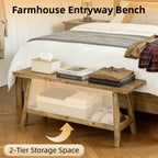 100% Solid Wood 2-Tier 43" Farmhouse Bench with Open Storage Shelf,Distressed Wood Color