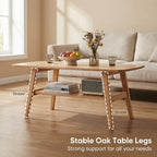 100% Solid Oak Wood 2-Tier Coffee Table with Storage & Round Corner