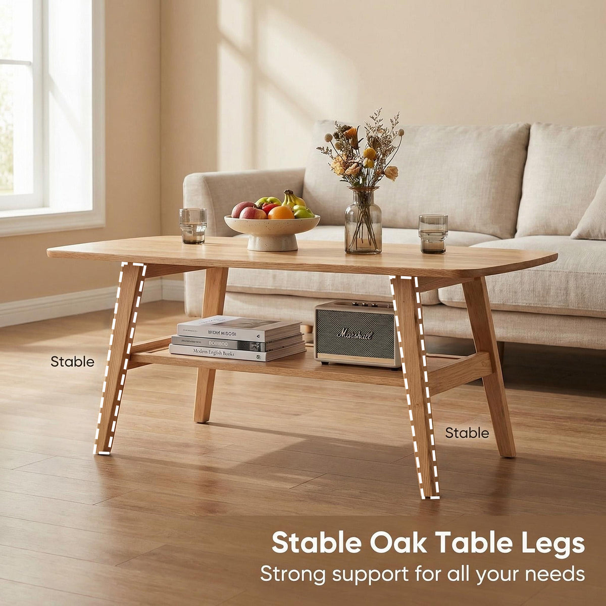 100% Solid Oak Wood 2-Tier Coffee Table with Storage & Round Corner
