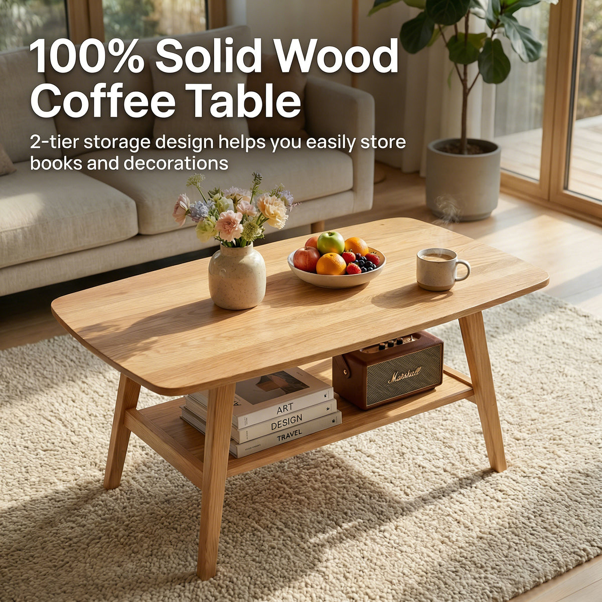 100% Solid Oak Wood 2-Tier Coffee Table with Storage & Round Corner