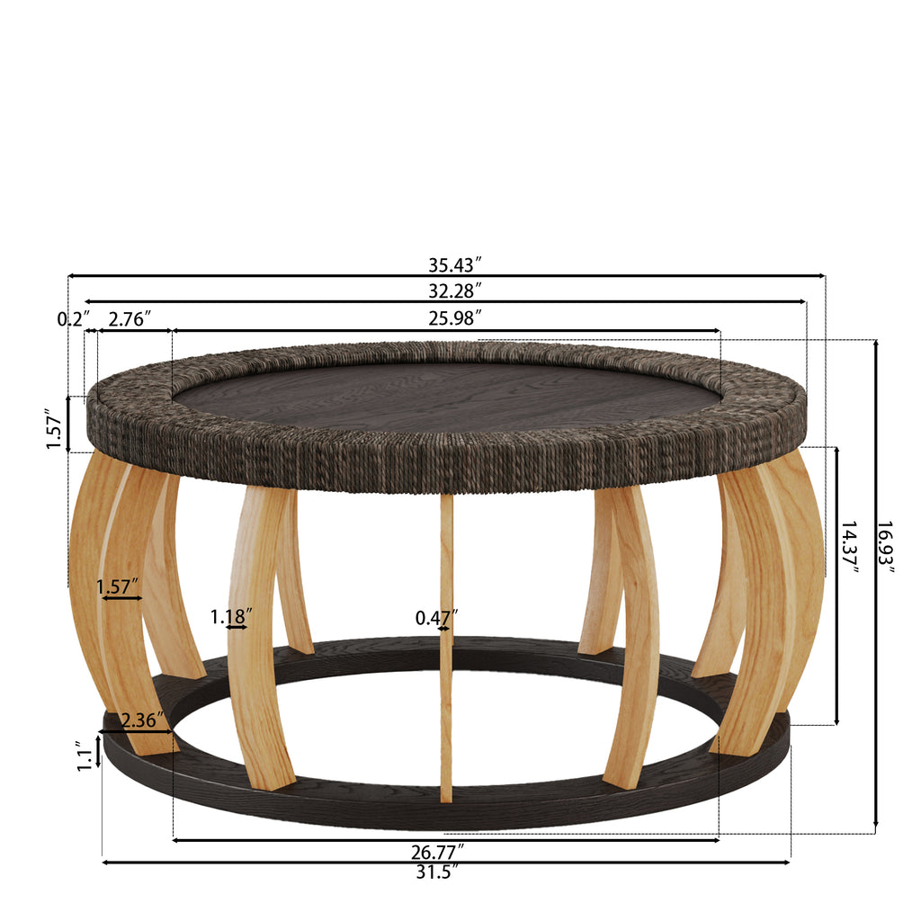 35" Vintage Curved Legs Boho Rattan Solid Wood Round Coffee Table,Black Brown