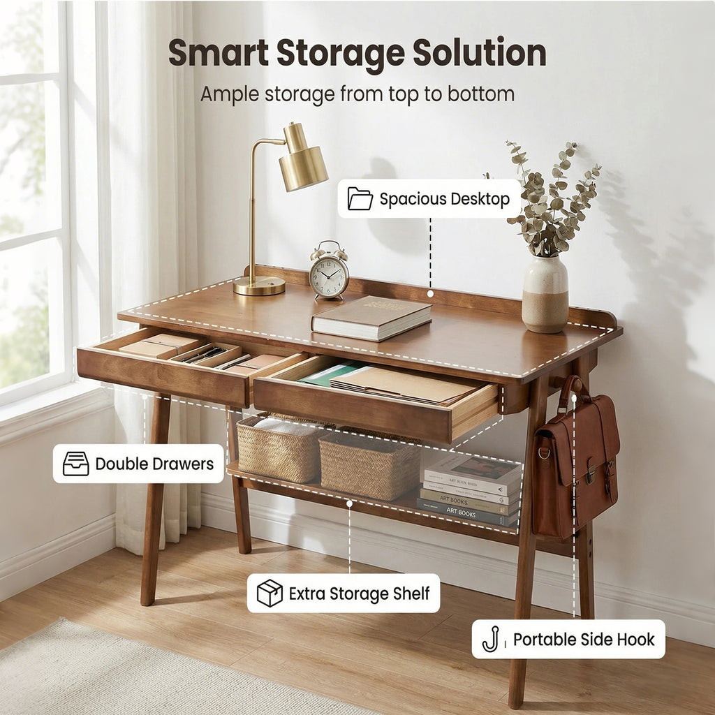 Solid Wood Writing Desk,Home Office Desk with 2 Drawers & Storage