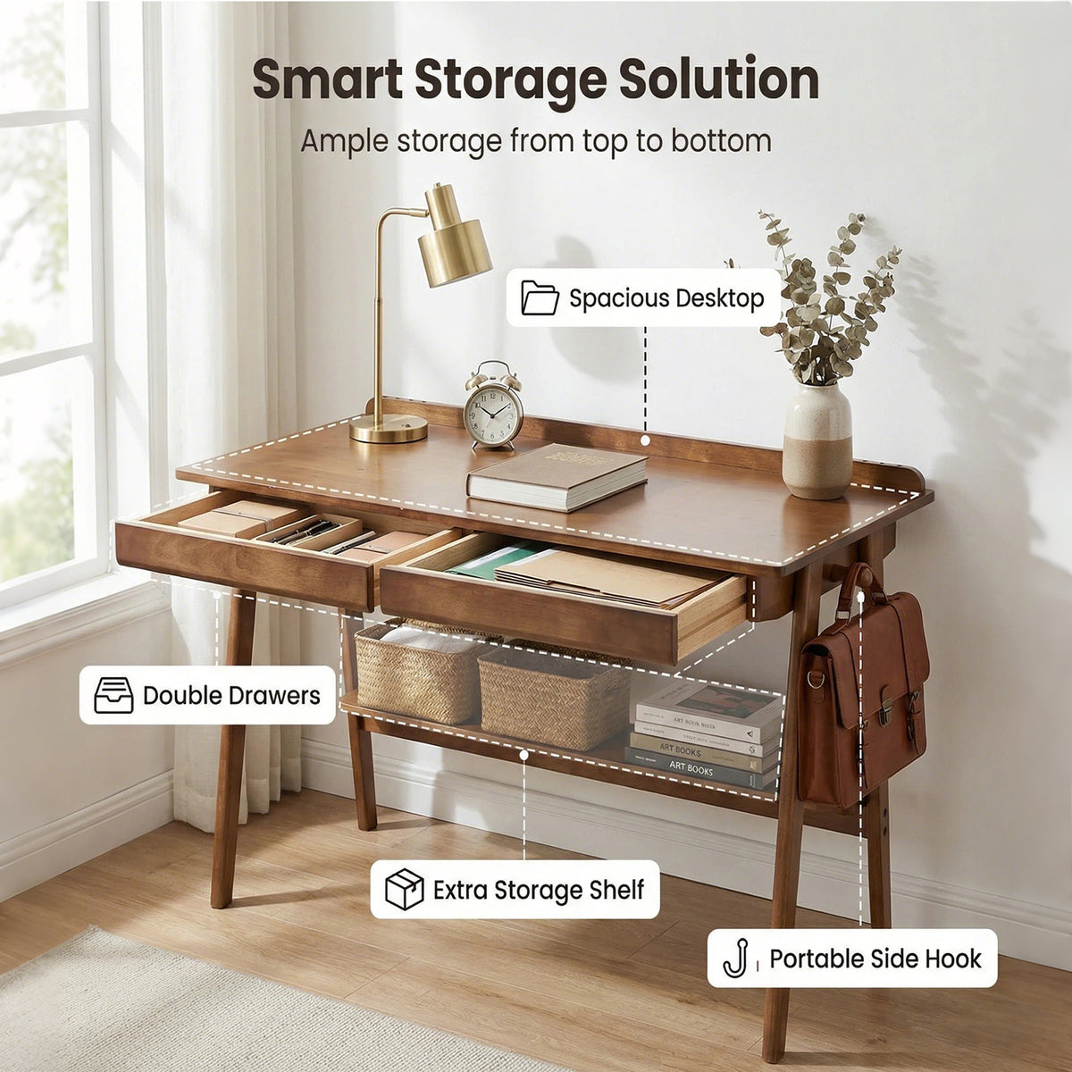 Solid Wood Writing Desk,Home Office Desk with 2 Drawers & Storage