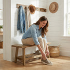 100% Solid Wood 2-Tier 43" Farmhouse Bench with Open Storage Shelf,Distressed Wood Color
