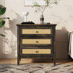 Farmhouse Rattan 3 Drawer Dresser,Modern Endtable,Dark Rustic Oak
