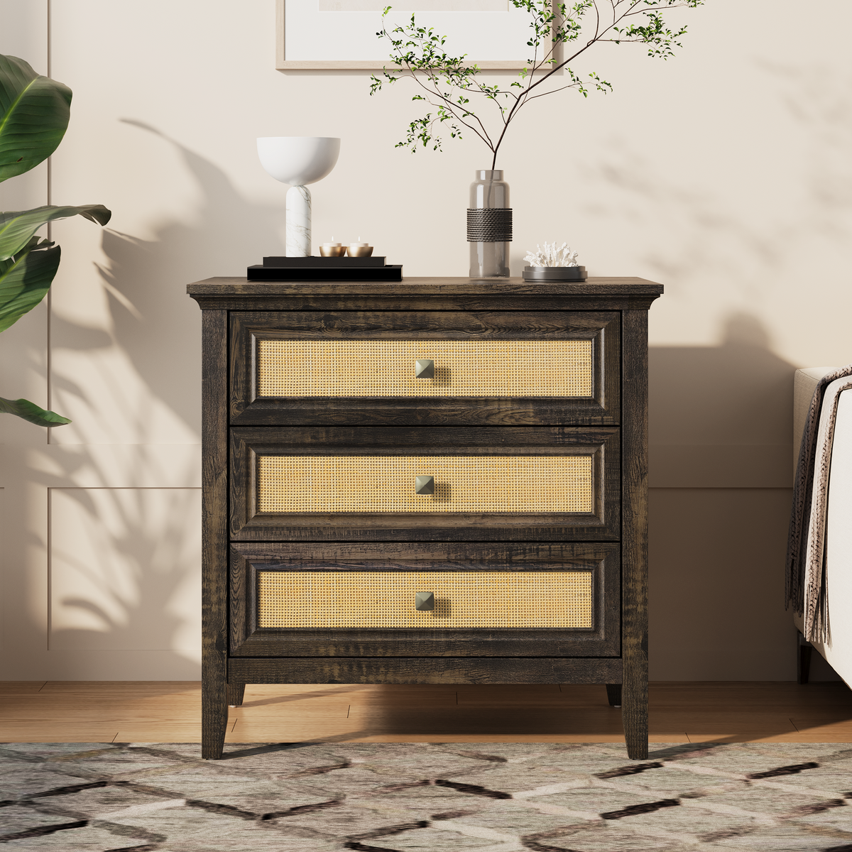 Farmhouse Rattan 3 Drawer Dresser,Modern Endtable,Dark Rustic Oak