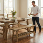 100% Solid Wood 2-Tier 43" Farmhouse Bench with Open Storage Shelf,Distressed Wood Color