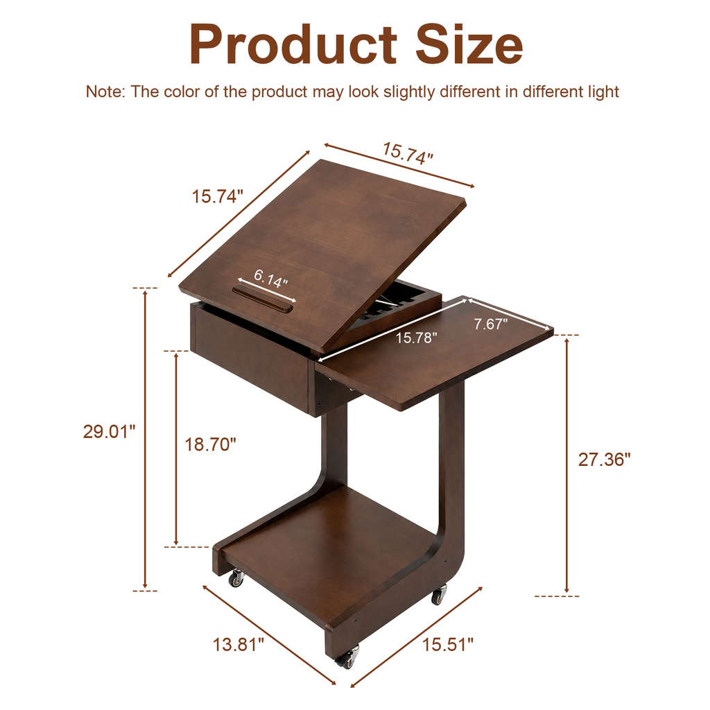100% Solid Wood C Shape End Table,360° Adjustable & Foldable Desktop