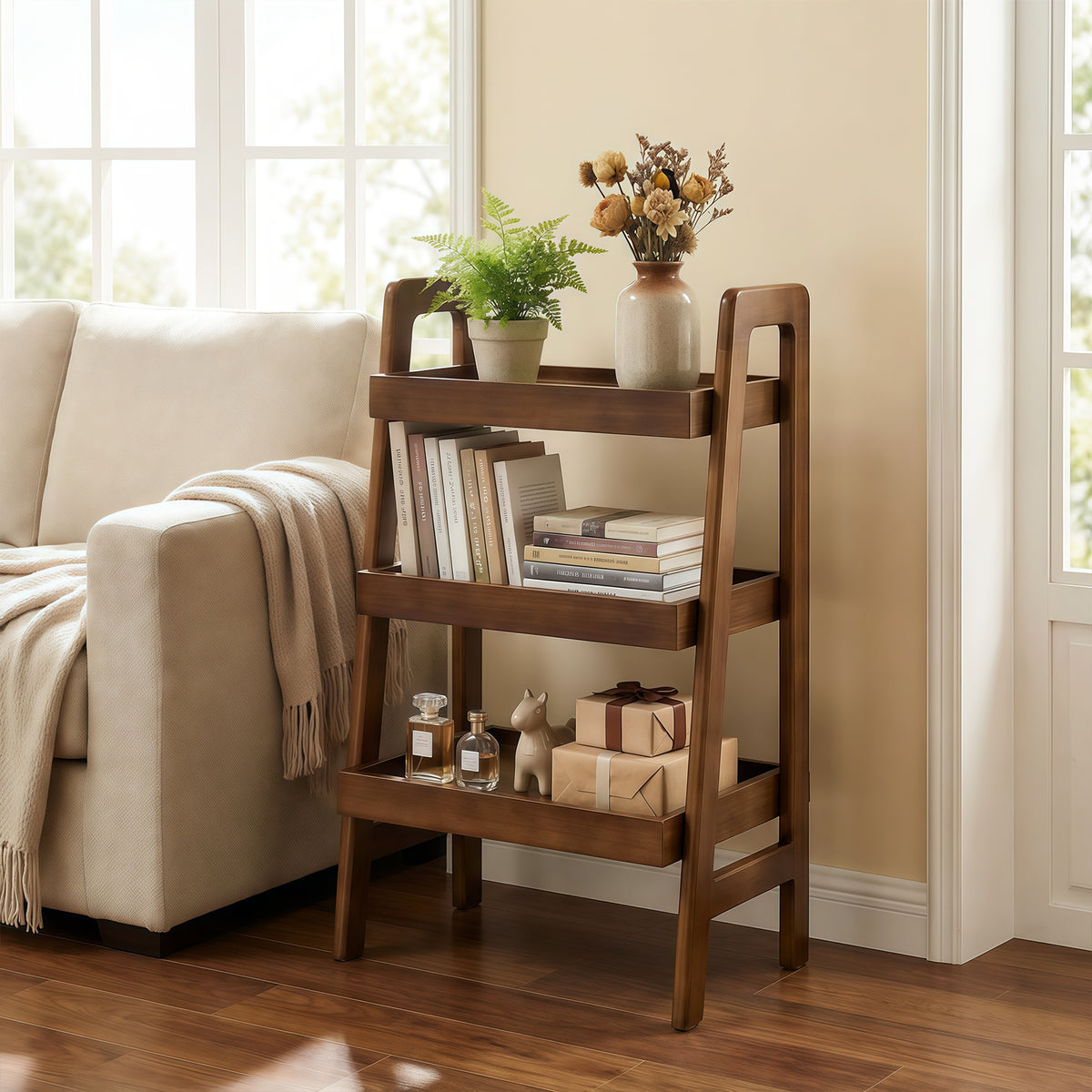 100% Solid Wood 3 Tier Ladder Bookshelf,Shelves with Open Storage,Walnut