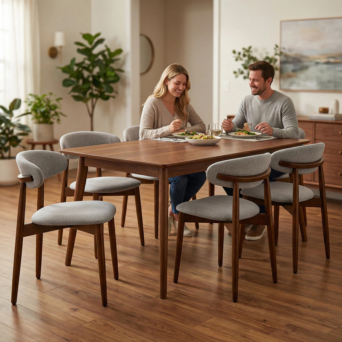 100% Solid Wood Dining Chairs with Curved Backrest Upholstered