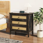 Farmhouse Rattan 3 Drawer Dresser,Modern Endtable,Dark Rustic Oak