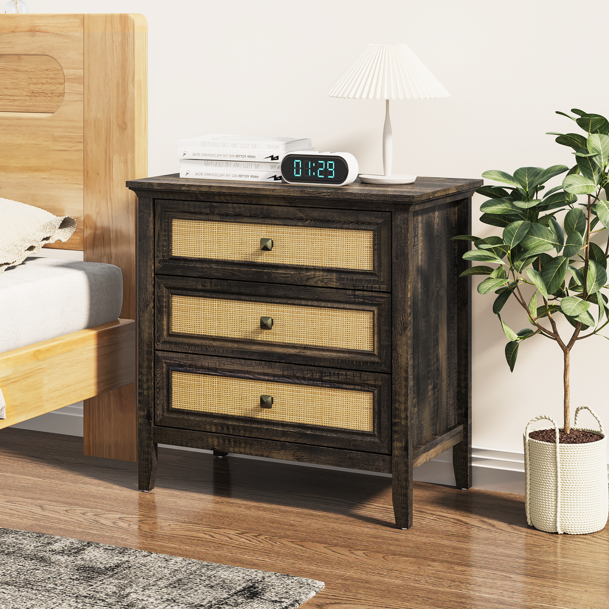 Farmhouse Rattan 3 Drawer Dresser,Modern Endtable,Dark Rustic Oak