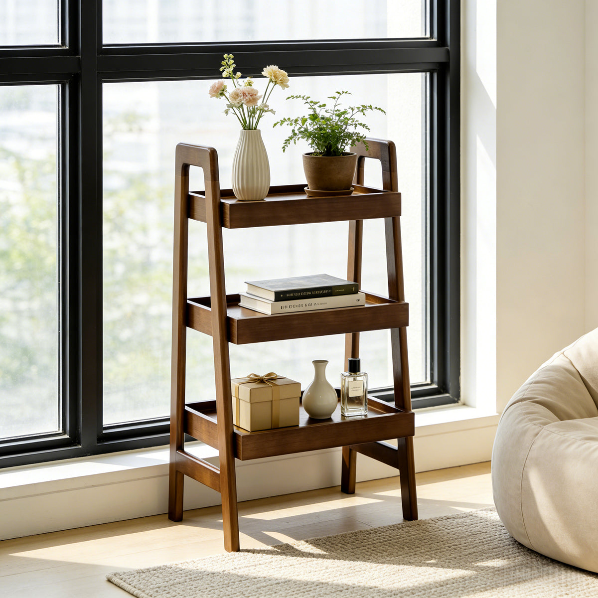 100% Solid Wood 3 Tier Ladder Bookshelf,Shelves with Open Storage,Walnut