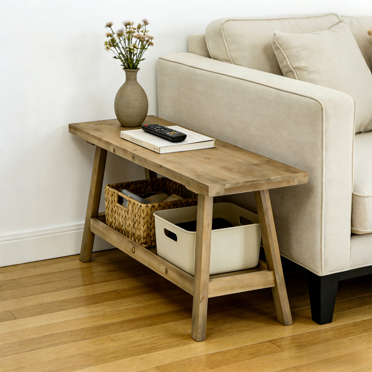 100% Solid Wood 2-Tier 43" Farmhouse Bench with Open Storage Shelf,Distressed Wood Color