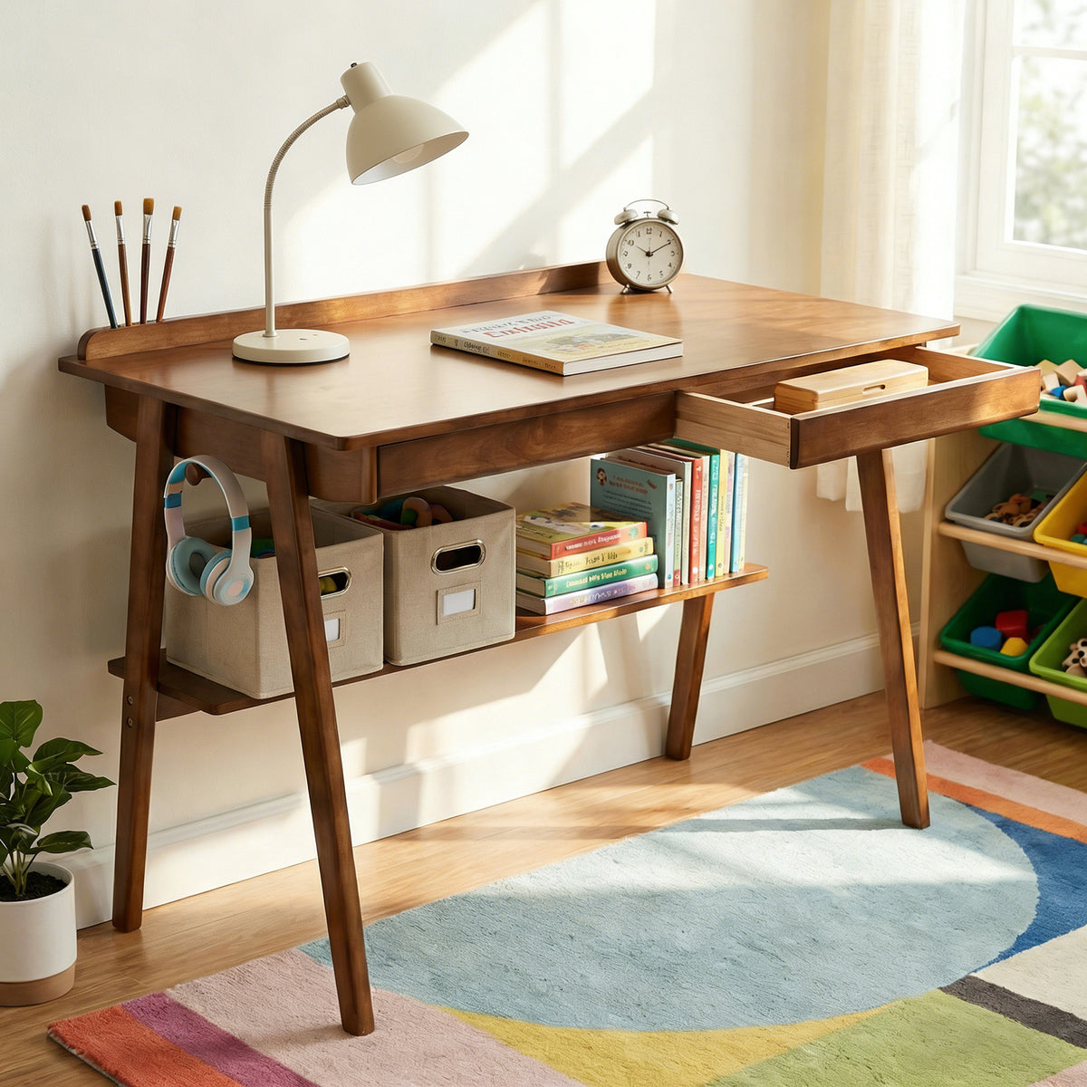 Solid Wood Writing Desk,Home Office Desk with 2 Drawers & Storage