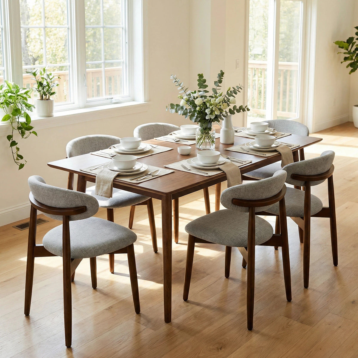 100% Solid Wood Dining Chairs with Curved Backrest Upholstered