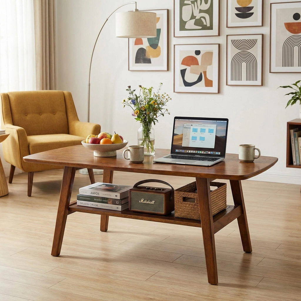 100% Solid Oak Wood 2-Tier Coffee Table with Storage & Round Corner