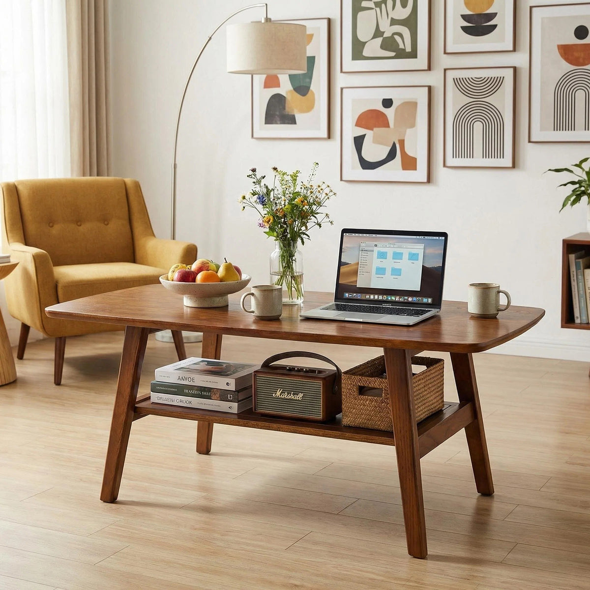 100% Solid Oak Wood 2-Tier Coffee Table with Storage & Round Corner
