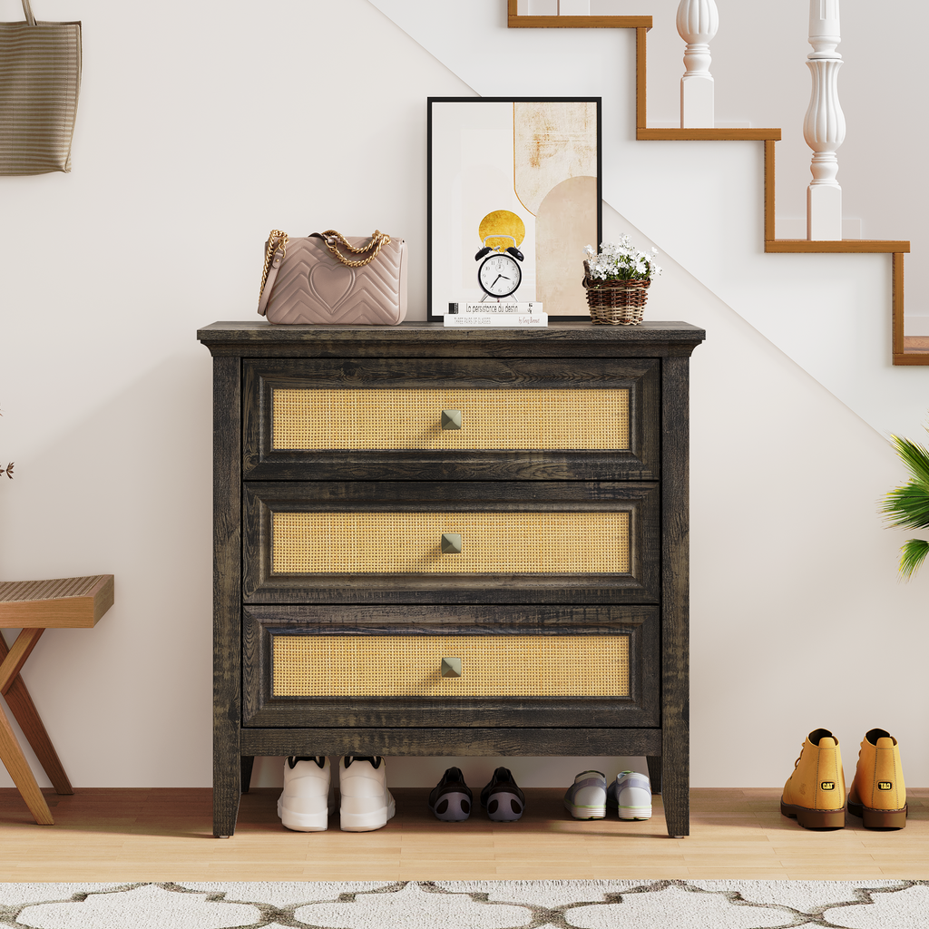 Farmhouse Rattan 3 Drawer Dresser,Modern Endtable,Dark Rustic Oak