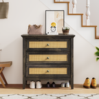 Farmhouse Rattan 3 Drawer Dresser,Modern Endtable,Dark Rustic Oak